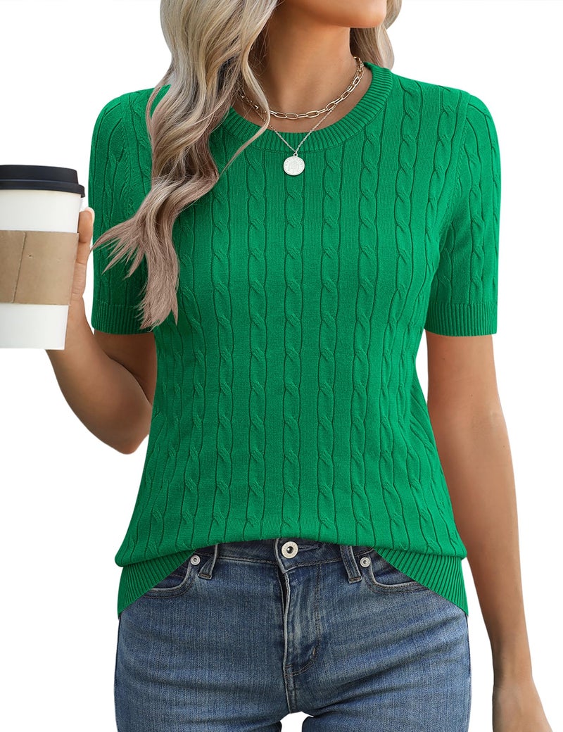 Micoson Womens Green Summer Sweater St.Patrick's Day Short Sleeve Round Neck Shirts Dressy Casual Soft Cable Knit Spring Summer Tops XL - Image 1
