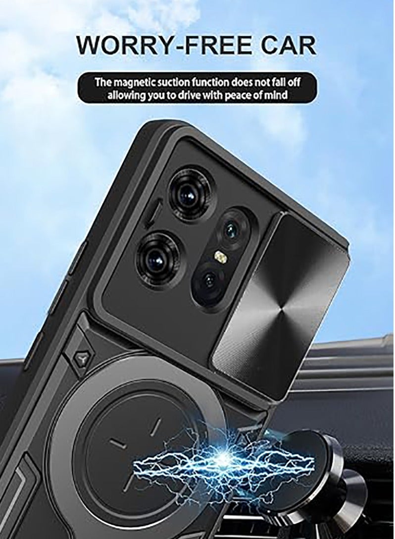 Case for Moto Edge 50 Pro 5G,[Built-in Kickstand] Magnetic Rotate Ring Holder Heavy Duty TPU+PC Shockproof Protect Phone Case for Motorola Moto Edge 50 Pro 5G (Black)