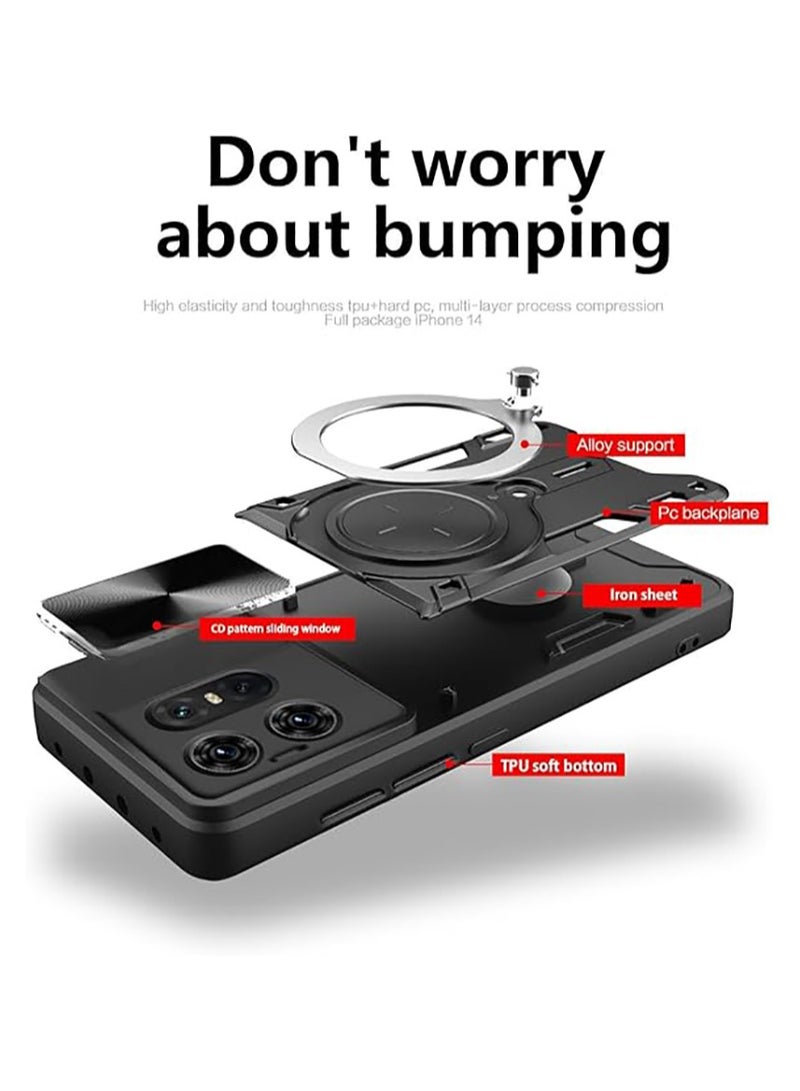 Case for Moto Edge 50 Pro 5G,[Built-in Kickstand] Magnetic Rotate Ring Holder Heavy Duty TPU+PC Shockproof Protect Phone Case for Motorola Moto Edge 50 Pro 5G (Black)