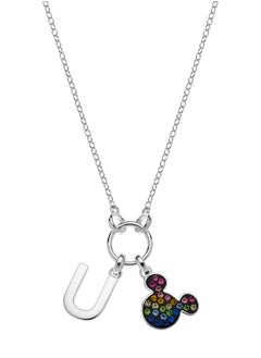 Disney Mickey Mouse Rainbow Crystals with U Letter Pendant in 18K Sterling Silver Necklace