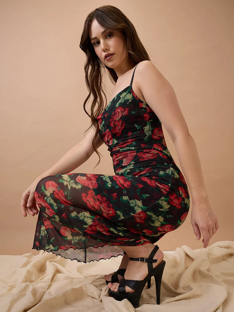 globus Globus Women Floral Print Strappy Sleeves Cowl Neck Back Tie-Up Midi Bodycon Party Dress