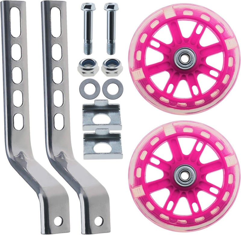 SING F LTD 1 Pair Pink LED Kids Bike Stabilisers Bicycle Training Wheels Heavy Duty Adjustable Bike Stabilizers Fit for 12 Inches Bike for Assisting Balance Included Components - Image 1