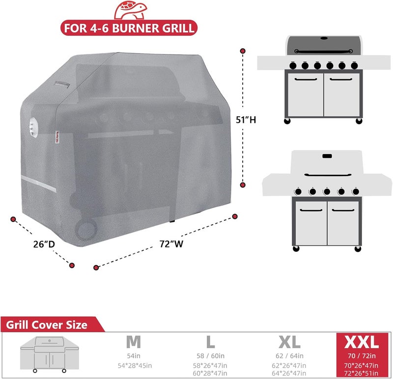 Turtle Life BBQ Grill Cover, 72 Inch Heavy Duty Waterproof 4-6 Burner Barbecue Gas Grill Covers for Weber Genesis Char-Broil Brinkmann, Gray - Image 2