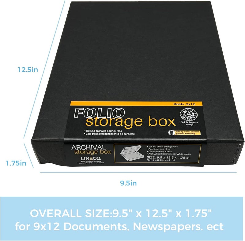 Lineco Archival Folio Storage Box with Clamshell Lid - 9.5 x 12.5 x 1.75 inches - Durable Metal Edge Construction - Image 2