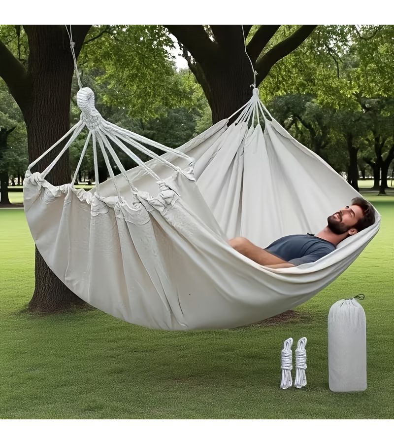 White Double Hammock For Two People High Weight Capacity With Thick Ropes And Portable Bag For Outdoor Camping Picnic And Travel - Image 2