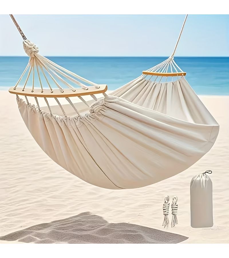 White Double Hammock For Two People High Weight Capacity With Thick Ropes And Portable Bag For Outdoor Camping Picnic And Travel - Image 1