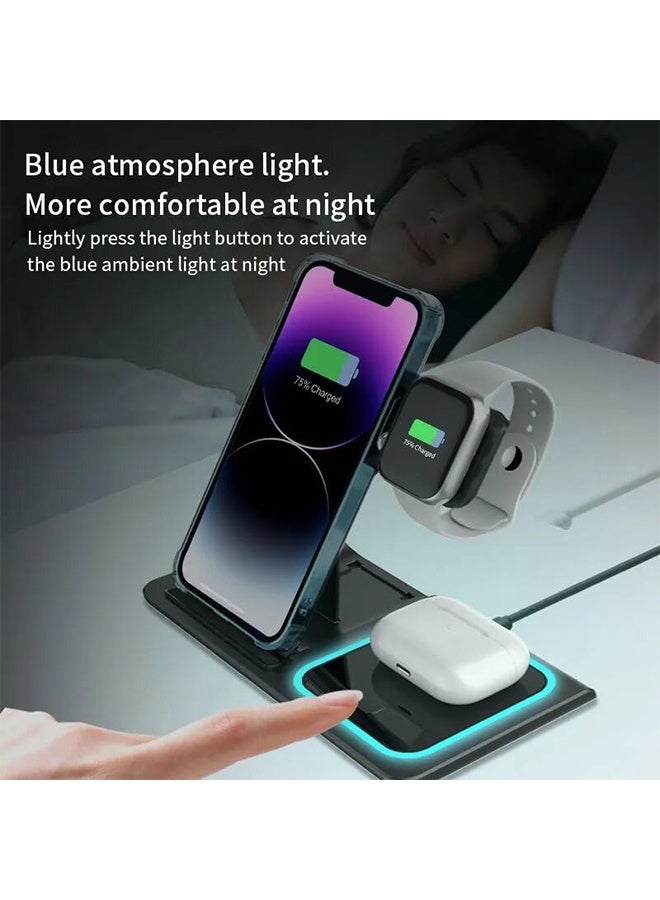 TodyJeyHo Wireless charging station, iPhone charging station, foldable wireless charger for wireless charging devices, phone charging dock with LED night light, iPhone Watch(Black) - Image 4