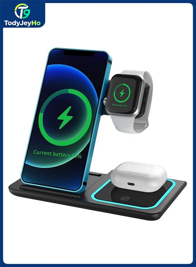 TodyJeyHo Wireless charging station, iPhone charging station, foldable wireless charger for wireless charging devices, phone charging dock with LED night light, iPhone Watch(Black) - Image 1