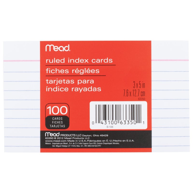 Mead Lined Index Cards Note Cards Ruled 100 Count 3 x 5 White 63350