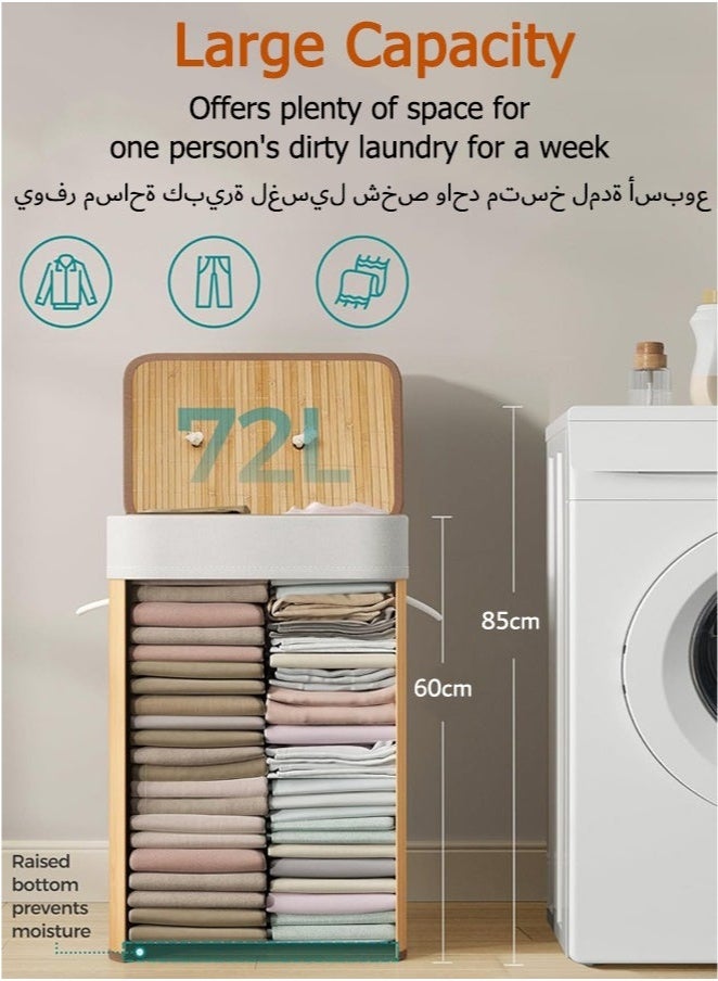 Bukela Foldable Laundry Hamper with Lid, Bamboo Laundry Basket, Rectangular Storage Hamper with Handles, for Laundry Room, Bedroom - Image 2