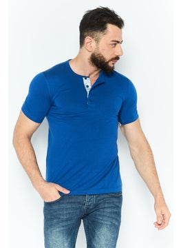 Project Essentials Men Stand Collar Short Sleeves Solid T-Shirt, Blue  - Image 1