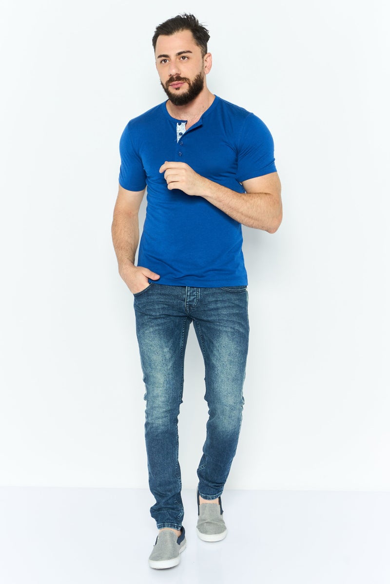 Project Essentials Men Stand Collar Short Sleeves Solid T-Shirt, Blue - Image 2
