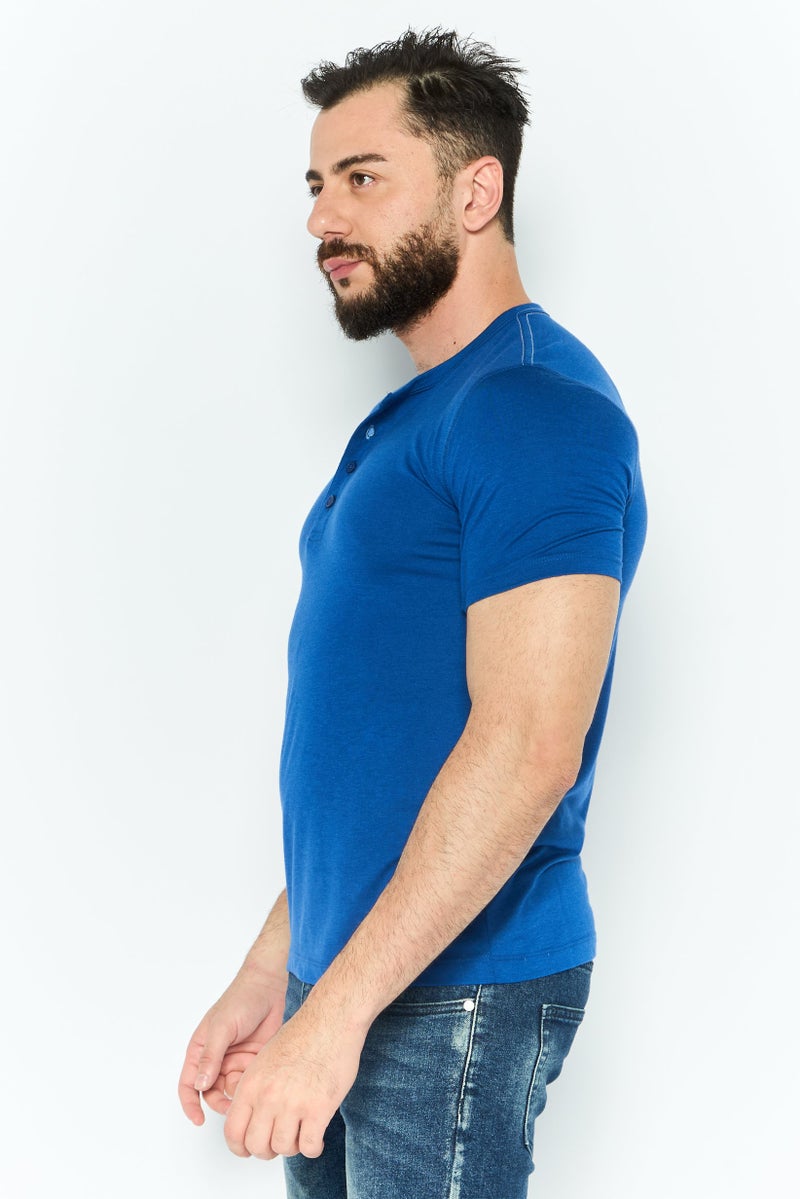 Project Essentials Men Stand Collar Short Sleeves Solid T-Shirt, Blue - Image 4