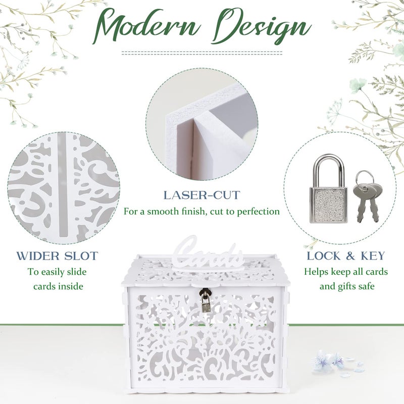CYAOOI White Wedding Card Box with Lock, PVC Gift Card Box for Wedding Reception, DIY Wedding Money Envelope Box for Party Graduation Birthday Baby Shower Decorations - Image 3
