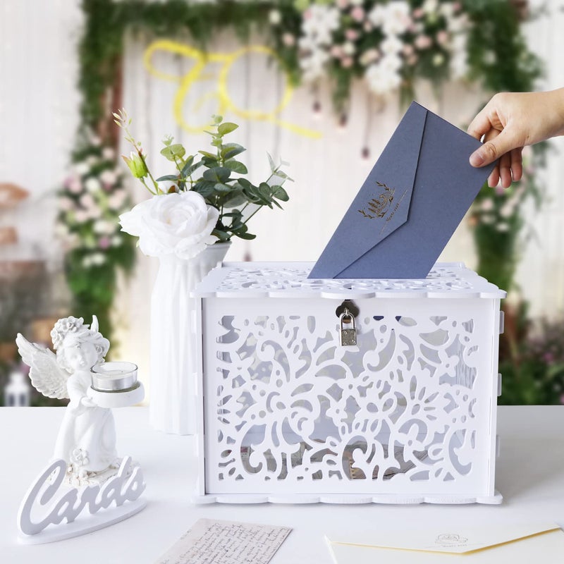 CYAOOI White Wedding Card Box with Lock, PVC Gift Card Box for Wedding Reception, DIY Wedding Money Envelope Box for Party Graduation Birthday Baby Shower Decorations - Image 4