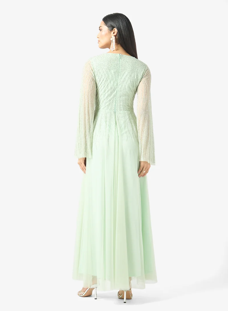نمشي x Embellished Evening Gown With Flared Sleeves