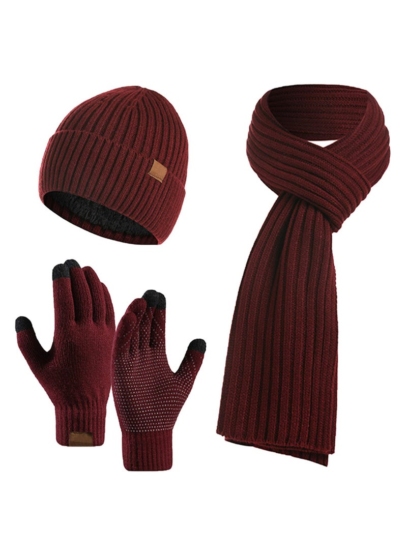 CMGTYYD 3Pcs Winter Beanie Hat Scarf Gloves Set,Set for Men Womens Ski Cap Touch Screen Mittens Suit Couples Matching Hats for Men Women (Red) - Image 1