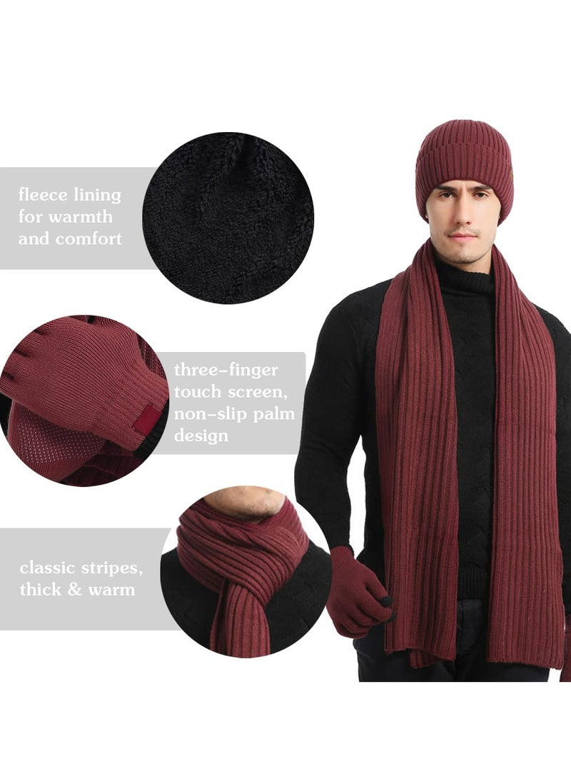 CMGTYYD 3Pcs Winter Beanie Hat Scarf Gloves Set,Set for Men Womens Ski Cap Touch Screen Mittens Suit Couples Matching Hats for Men Women (Red) - Image 2