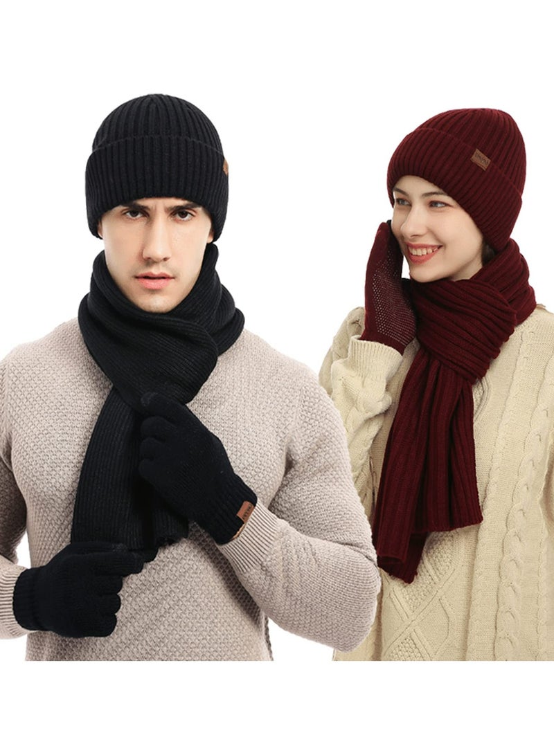 CMGTYYD 3Pcs Winter Beanie Hat Scarf Gloves Set,Set for Men Womens Ski Cap Touch Screen Mittens Suit Couples Matching Hats for Men Women (Red) - Image 5