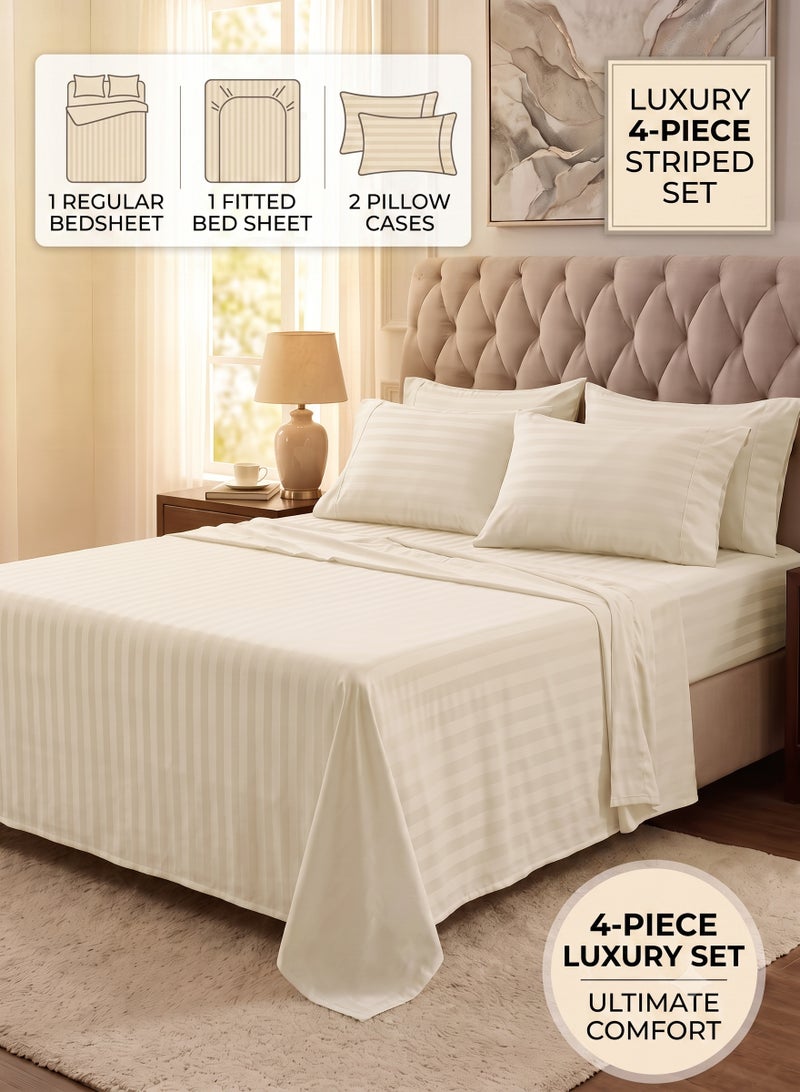 ZEESQUARE Luxury 4-Piece Cream Striped Bed Sheet Set | Hotel Style Bedding Set with Flat Sheet, Fitted Sheet & 2 Pillow Covers | Soft Breathable Bedding for King, Queen & Single Size Beds - Image 1