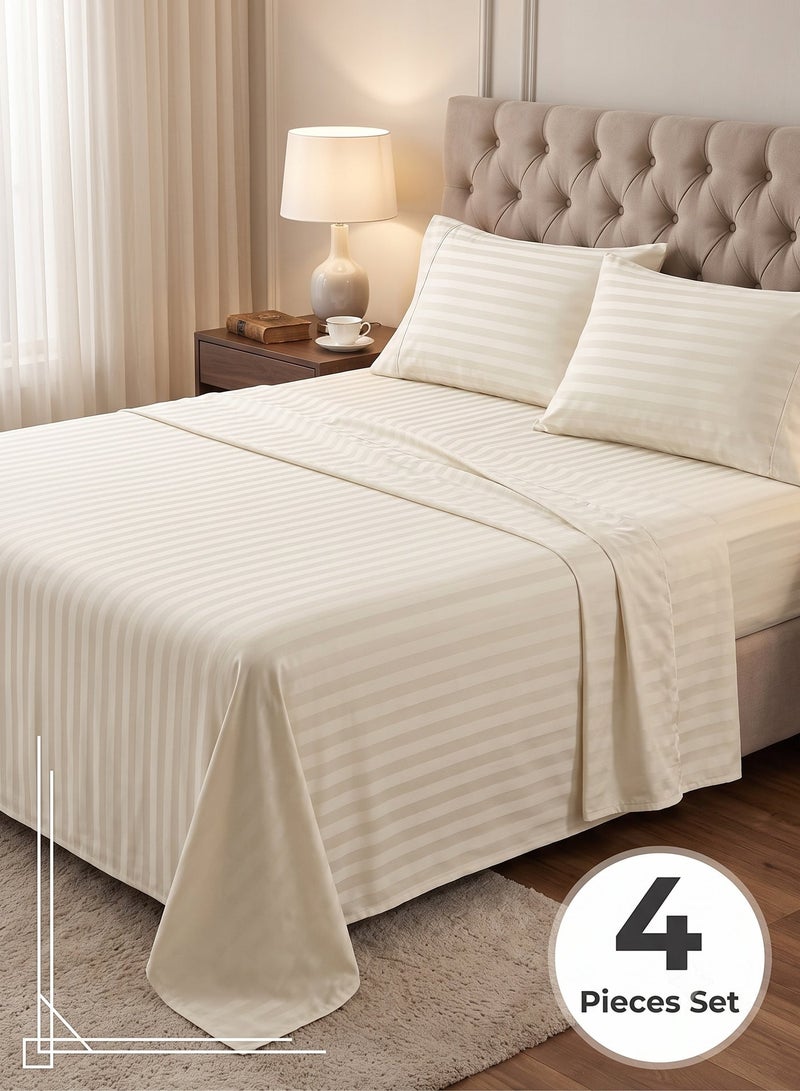 ZEESQUARE Luxury 4-Piece Cream Striped Bed Sheet Set | Hotel Style Bedding Set with Flat Sheet, Fitted Sheet & 2 Pillow Covers | Soft Breathable Bedding for King, Queen & Single Size Beds - Image 2