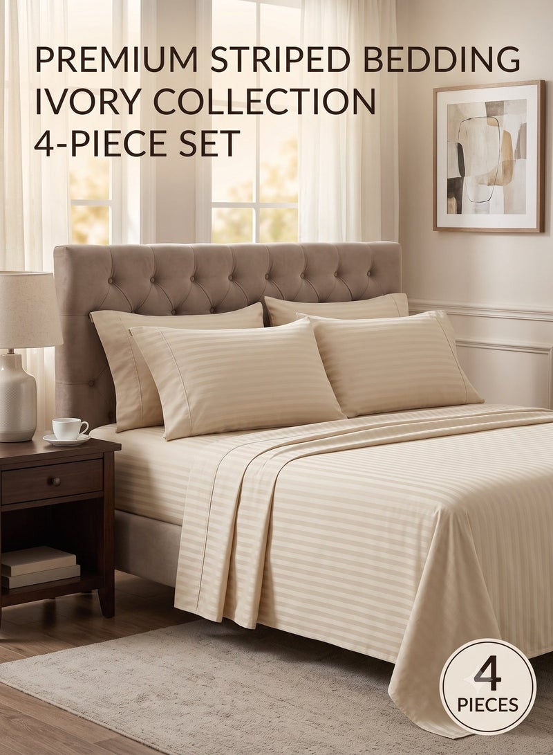 ZEESQUARE Luxury 4-Piece Cream Striped Bed Sheet Set | Hotel Style Bedding Set with Flat Sheet, Fitted Sheet & 2 Pillow Covers | Soft Breathable Bedding for King, Queen & Single Size Beds - Image 5
