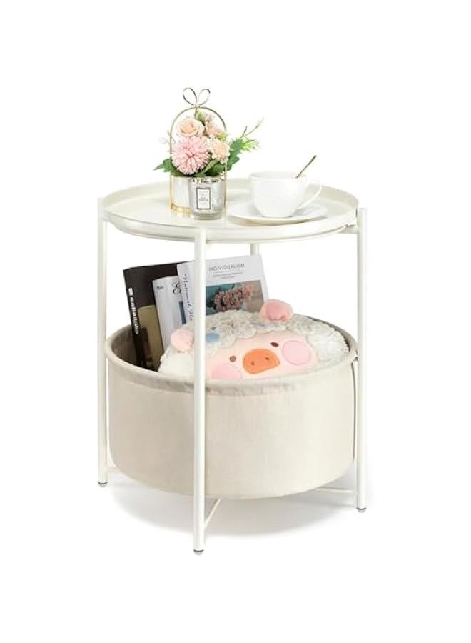 HOOKOR Round Side Table with Fabric Storage Basket, Metal Small Bedside Table Nightstand with Removable Tray Top for Living Room, Bedroom, Nursery, Laundry (White) - Image 1