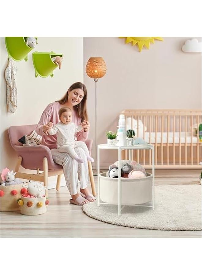 HOOKOR Round Side Table with Fabric Storage Basket, Metal Small Bedside Table Nightstand with Removable Tray Top for Living Room, Bedroom, Nursery, Laundry (White) - Image 2