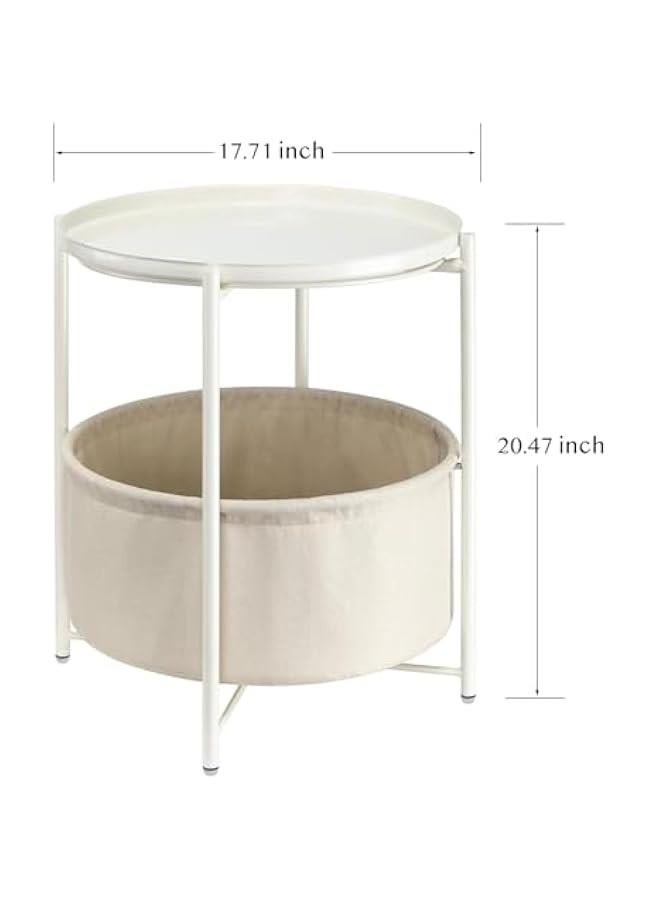 HOOKOR Round Side Table with Fabric Storage Basket, Metal Small Bedside Table Nightstand with Removable Tray Top for Living Room, Bedroom, Nursery, Laundry (White) - Image 3