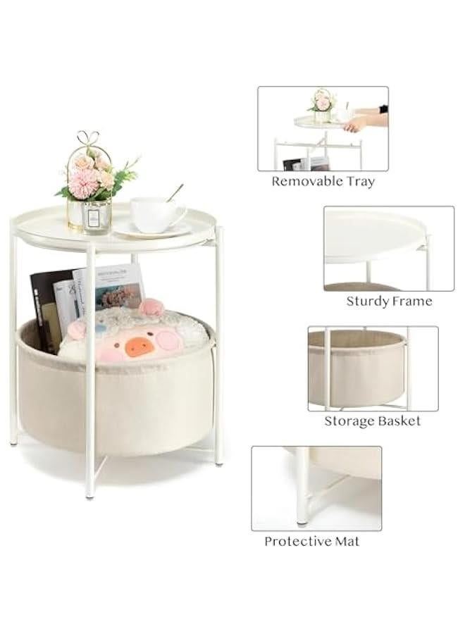 HOOKOR Round Side Table with Fabric Storage Basket, Metal Small Bedside Table Nightstand with Removable Tray Top for Living Room, Bedroom, Nursery, Laundry (White) - Image 4
