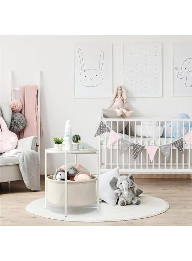 HOOKOR Round Side Table with Fabric Storage Basket, Metal Small Bedside Table Nightstand with Removable Tray Top for Living Room, Bedroom, Nursery, Laundry (White) - Image 5