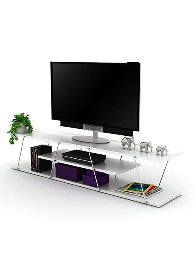 Home Canvas - Home Canvas Tars Modern TV Stand for Living Room, TV Unit Media Easy Assembly (143cmX32cmX31cm)- White and Chrome - Image 1