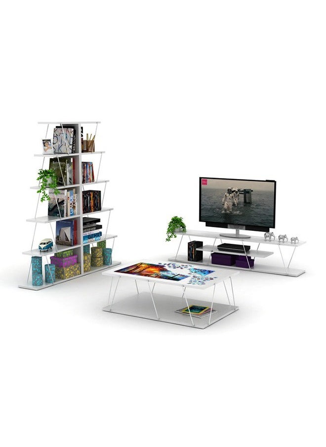 Home Canvas - Home Canvas Tars Modern TV Stand for Living Room, TV Unit Media Easy Assembly (143cmX32cmX31cm)- White and Chrome - Image 1