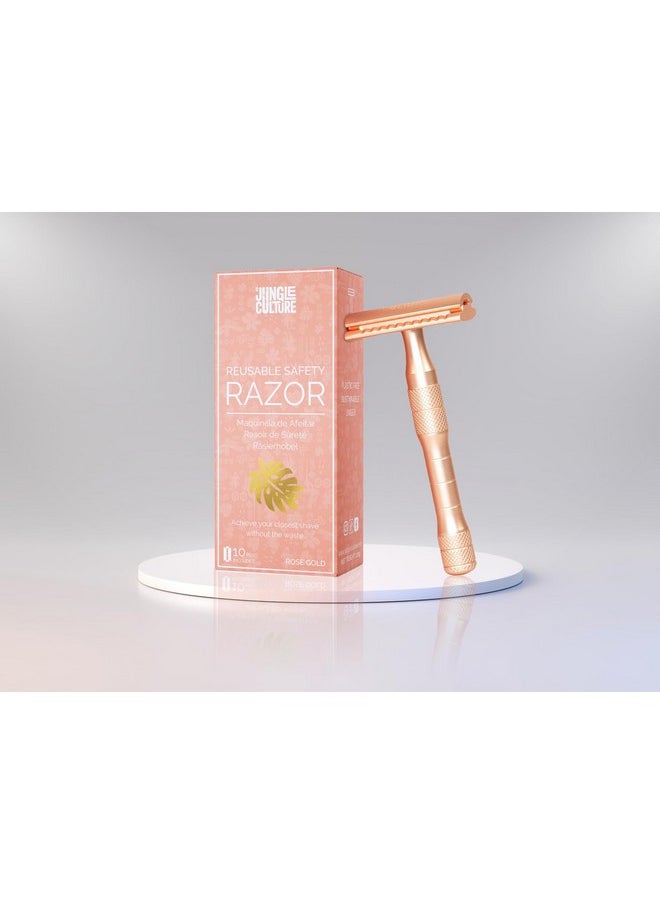 Jungle Culture - Jungle Culture Safety Razor with 10 Double Edge Blades • Single Blade Metal Razors for Women & Men for Body & Face • Eco Friendly & Reusable Shaver • Rose Gold - Image 1