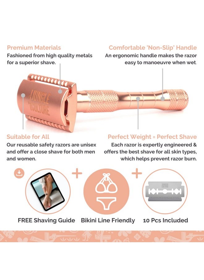 Jungle Culture - Jungle Culture Safety Razor with 10 Double Edge Blades • Single Blade Metal Razors for Women & Men for Body & Face • Eco Friendly & Reusable Shaver • Rose Gold - Image 1