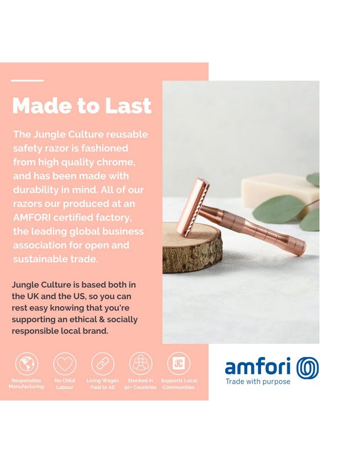 Jungle Culture - Jungle Culture Safety Razor with 10 Double Edge Blades • Single Blade Metal Razors for Women & Men for Body & Face • Eco Friendly & Reusable Shaver • Rose Gold - Image 1