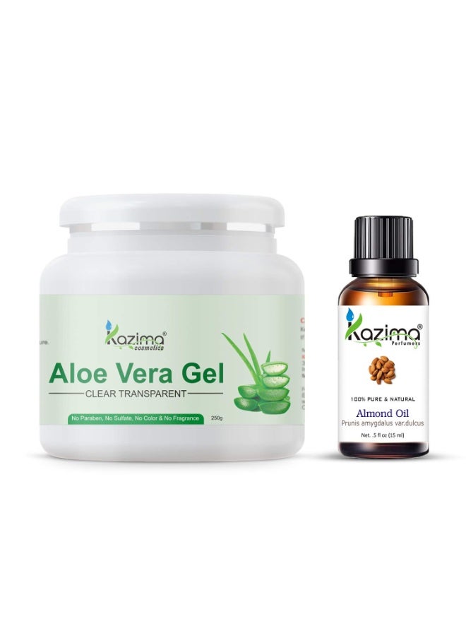 KAZIMA Combo of Aloe Vera Gel 250g & Almond Carrier Oil 15ml - 100% Pure & Natural for Skin, Face, Acne Scars, Hair, Moisturizer & Dark Circles (Combo of 2) - Image 1