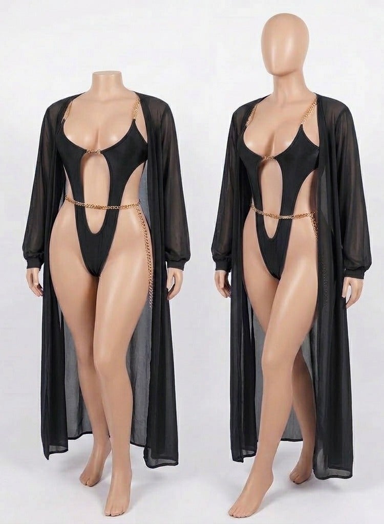 Women's Premium Butter Fabric Two Piece Lingerie Set with Sheer Long Sleeve Robe, Deep V Cut Bodysuit, Soft Stretch Nightwear, Lightweight Sleepwear and Sensual Lounge Outfit for Women up to 80 KG