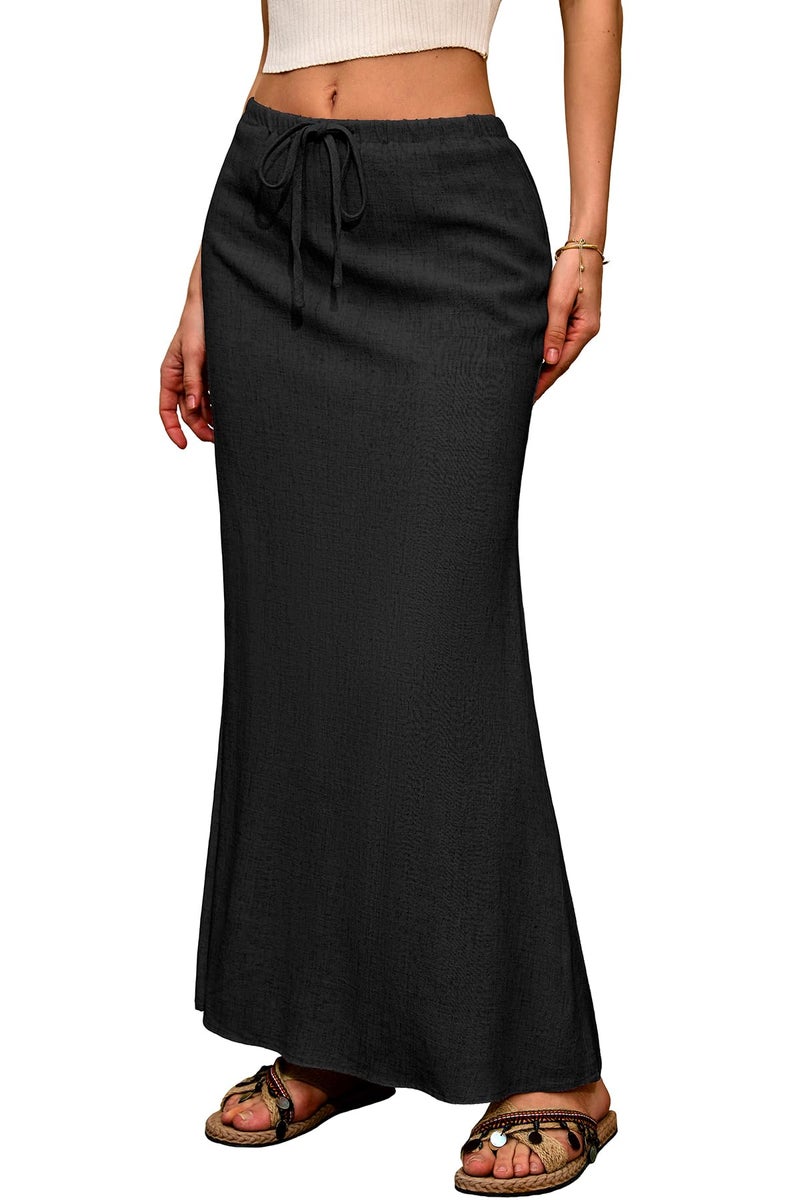 ELLEVEN Linen Maxi Long Flowy Skirt for Women Trendy Summer with Slit Elastic Waist Drawstring Casual Beach Holiday Low Rise Cotton Sexy Curvy Boho Mermaid Skirts Floor Ankle Length Black Small - Image 1