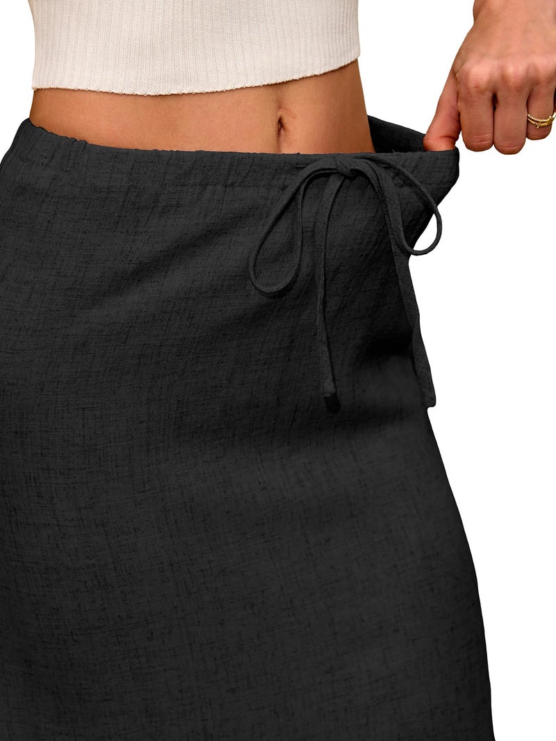 ELLEVEN Linen Maxi Long Flowy Skirt for Women Trendy Summer with Slit Elastic Waist Drawstring Casual Beach Holiday Low Rise Cotton Sexy Curvy Boho Mermaid Skirts Floor Ankle Length Black Small - Image 5
