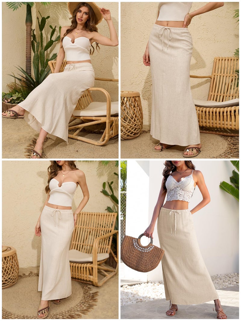 ELLEVEN Linen Maxi Long Flowy Skirt for Women Trendy Summer with Slit Elastic Waist Drawstring Casual Beach Holiday Low Rise Cotton Sexy Curvy Boho Mermaid Skirts Floor Ankle Length Black Small - Image 5