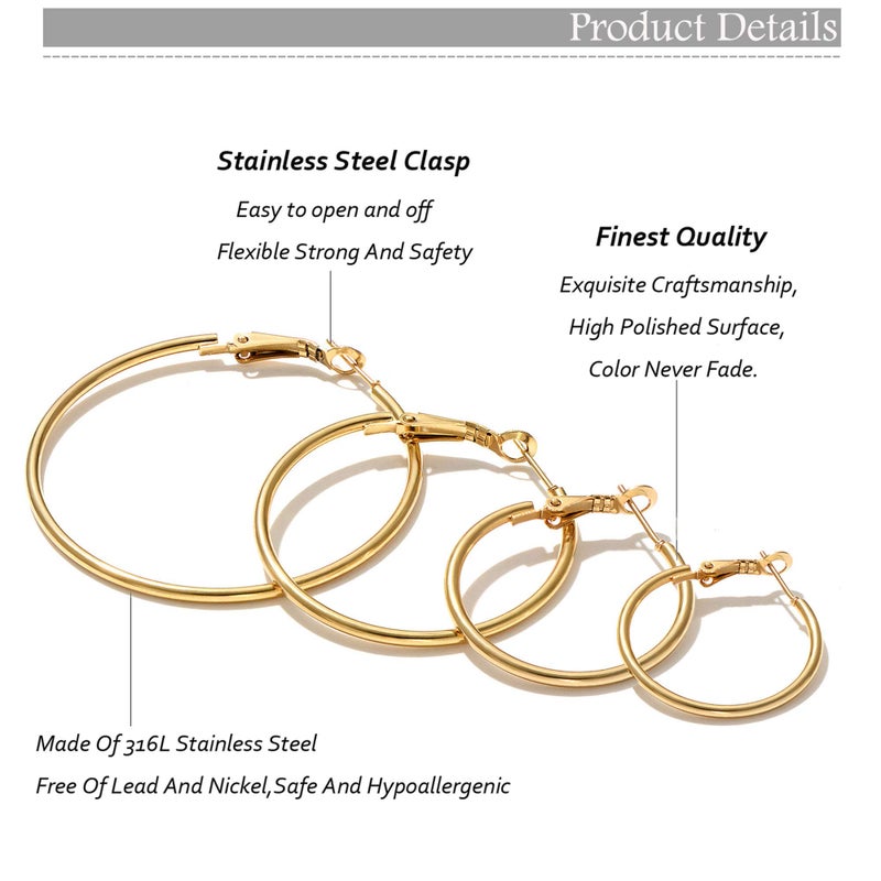 Cuicanstar 4 Pairs Gold Plated Hoop Earrings for Women Lightweight Hypoallergenic Gold Plated Hoops Stainless Steel Hoop Earrings Loop Earrings Set - Image 2