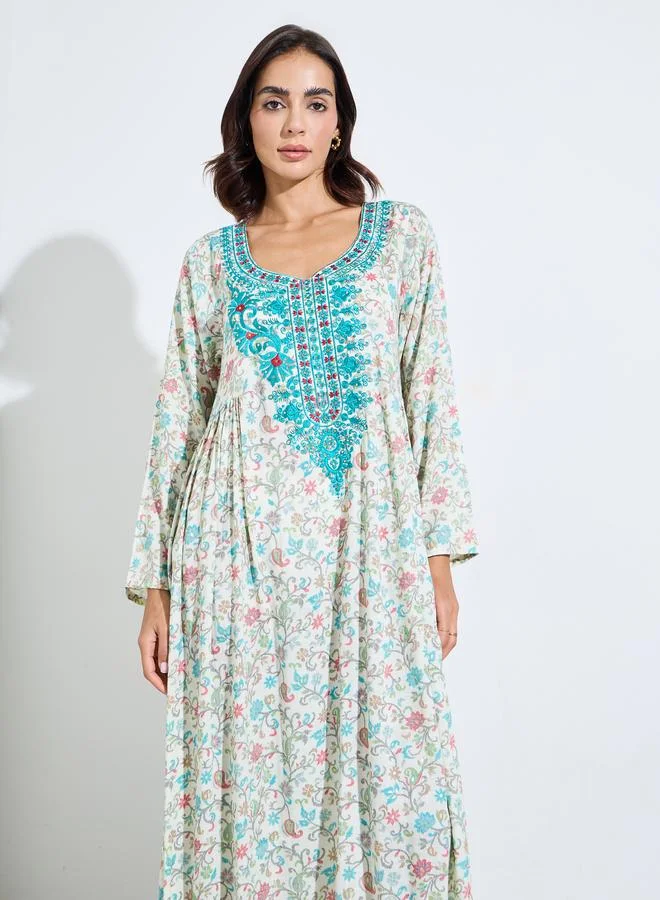 أميرة All Over Printed Jalabiya At Neck And Sleeve Hem