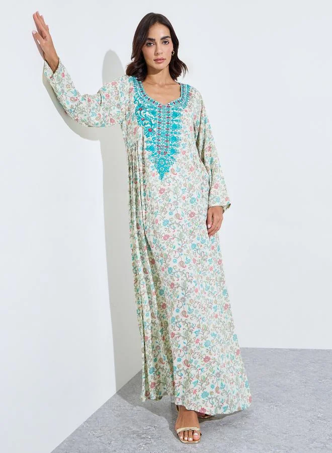 أميرة All Over Printed Jalabiya At Neck And Sleeve Hem