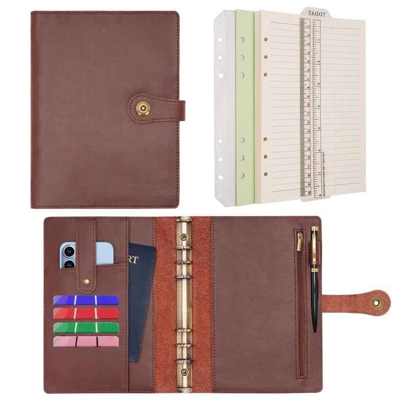 Wonderpool A5 Binder Journal Leather Spiral Notebook Refillable College Ruled Paper, Budget Binder Rings Diary Organizer with Pen for Office School Travel Business Planning Writing (Coffee,A5) - Image 1
