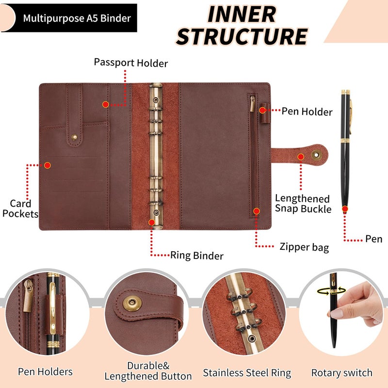 Wonderpool A5 Binder Journal Leather Spiral Notebook Refillable College Ruled Paper, Budget Binder Rings Diary Organizer with Pen for Office School Travel Business Planning Writing (Coffee,A5) - Image 5