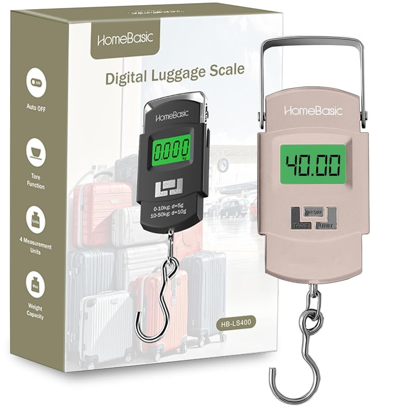 Home Basic ميزان أمتعة رقمي 50 كجم (4 أوضاع وحدة) دقة عالية آلة وزن سفر محمولة، شاشة LCD، وظيفة الوزن الصافي، تنبيه الوزن الزائد، حزام خطاف، للسفر المنزل المطبخ المتجر (بيج) - Image 1