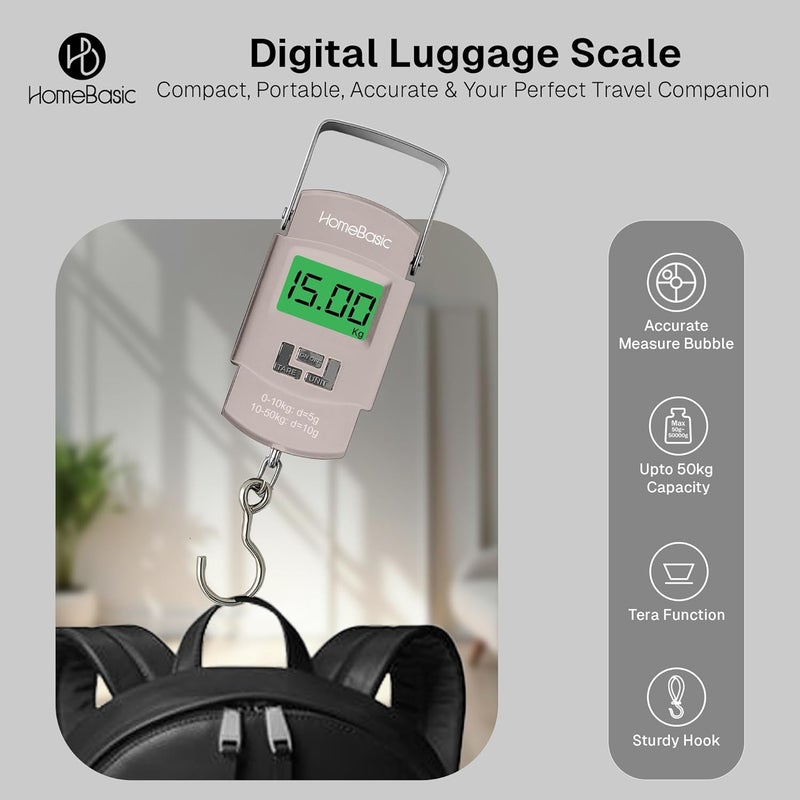 Home Basic ميزان أمتعة رقمي 50 كجم (4 أوضاع وحدة) دقة عالية آلة وزن سفر محمولة، شاشة LCD، وظيفة الوزن الصافي، تنبيه الوزن الزائد، حزام خطاف، للسفر المنزل المطبخ المتجر (بيج) - Image 2
