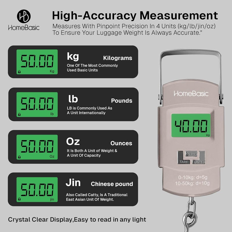 Home Basic ميزان أمتعة رقمي 50 كجم (4 أوضاع وحدة) دقة عالية آلة وزن سفر محمولة، شاشة LCD، وظيفة الوزن الصافي، تنبيه الوزن الزائد، حزام خطاف، للسفر المنزل المطبخ المتجر (بيج) - Image 3