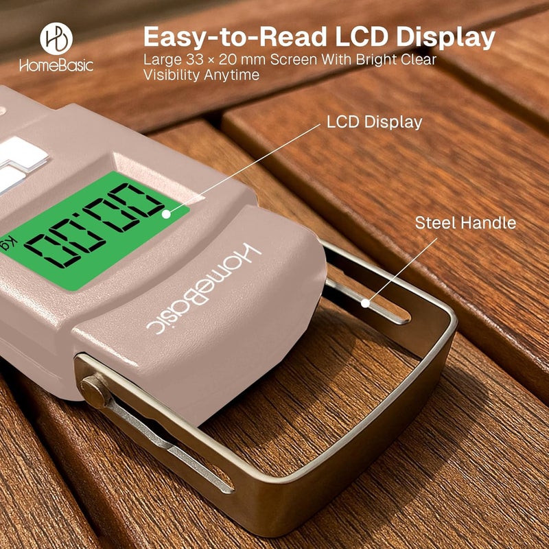 Home Basic ميزان أمتعة رقمي 50 كجم (4 أوضاع وحدة) دقة عالية آلة وزن سفر محمولة، شاشة LCD، وظيفة الوزن الصافي، تنبيه الوزن الزائد، حزام خطاف، للسفر المنزل المطبخ المتجر (بيج) - Image 5